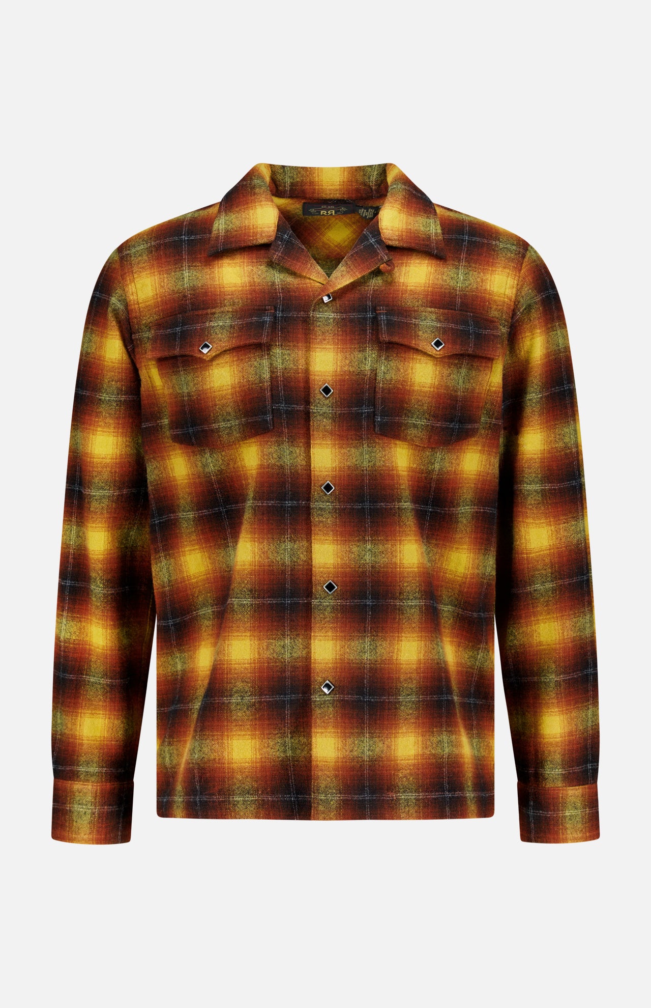 The Jesse Plaid Cotton Camp Shirt by RALPH LAUREN RRL is a long-sleeve button-up shirt crafted from cotton, featuring a vibrant yellow, orange, red, and green plaid pattern. Designed with western-inspired details, it includes two chest pockets with button flaps and a pointed collar, shown against a plain white background.