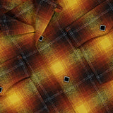 A close-up of the Jesse Plaid Cotton Camp Shirt by RALPH LAUREN RRL, featuring a yellow, orange, and brown plaid pattern with black and white buttons, highlighting its detailed texture and stitching.