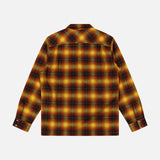 The Jesse Plaid Cotton Camp Shirt by RALPH LAUREN RRL is a long-sleeve shirt featuring a yellow, orange, and dark green plaid pattern, showcased from the back against a white background. This western-inspired shirt blends classic style with cozy comfort.