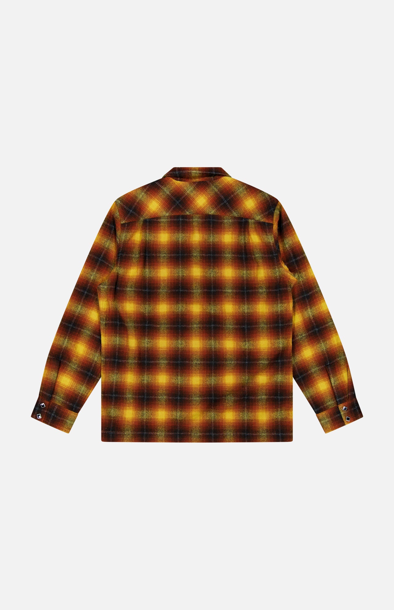 The Jesse Plaid Cotton Camp Shirt by RALPH LAUREN RRL is a long-sleeve shirt featuring a yellow, orange, and dark green plaid pattern, showcased from the back against a white background. This western-inspired shirt blends classic style with cozy comfort.