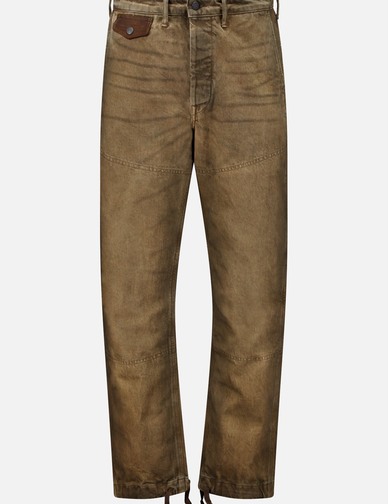 Ralph Lauren RRL Kenton Denim Work Pant in olive-brown Japanese twill, featuring a leather coin pocket, reinforced knee panels, and drawstring hem ties.