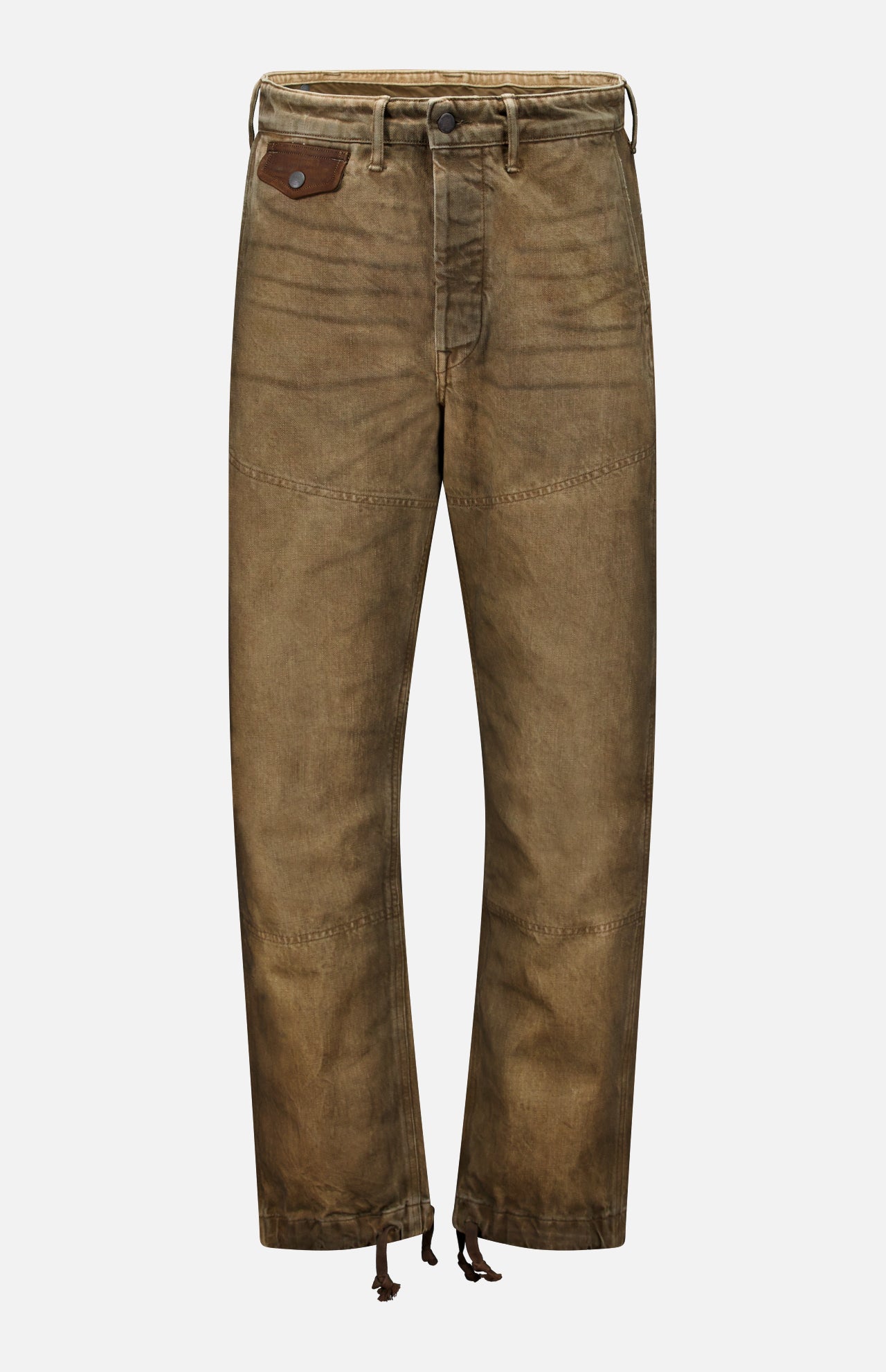 Ralph Lauren RRL Kenton Denim Work Pant in olive-brown Japanese twill, featuring a leather coin pocket, reinforced knee panels, and drawstring hem ties.
