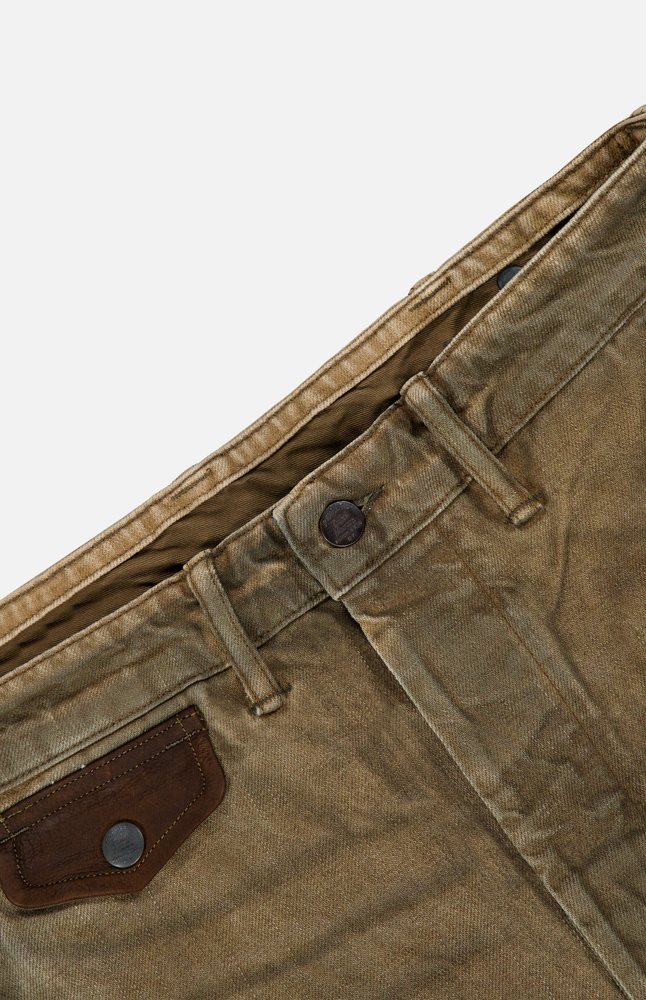 Tan Japanese twill Kenton Denim Work Pant by Ralph Lauren RRL, featuring a straight leg, button fly, and brown leather pocket detail.