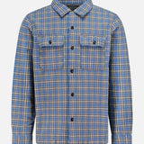 The Ralph Lauren RRL Matlock Cotton Long Sleeve Shirt is a blue and yellow plaid camp shirt, expertly crafted from heavyweight cotton twill. Featuring long sleeves, a classic collar, button-up front, and two chest pockets for enhanced utility, this timeless piece exudes vintage charm—all showcased against a plain white background.