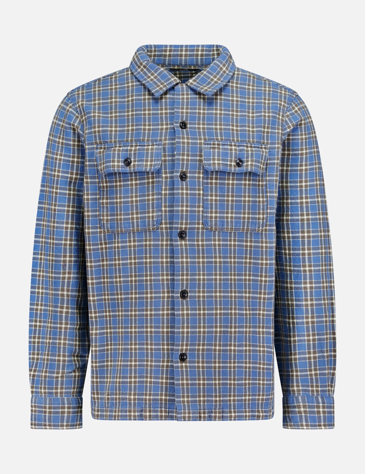 The Ralph Lauren RRL Matlock Cotton Long Sleeve Shirt is a blue and yellow plaid camp shirt, expertly crafted from heavyweight cotton twill. Featuring long sleeves, a classic collar, button-up front, and two chest pockets for enhanced utility, this timeless piece exudes vintage charm—all showcased against a plain white background.