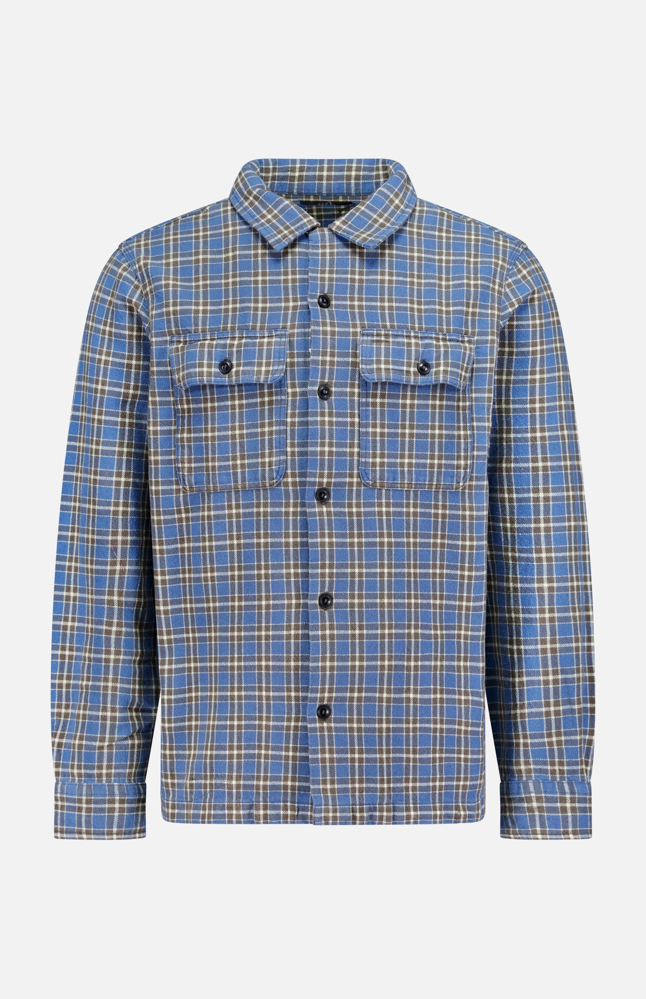 The Ralph Lauren RRL Matlock Cotton Long Sleeve Shirt is a blue and yellow plaid camp shirt, expertly crafted from heavyweight cotton twill. Featuring long sleeves, a classic collar, button-up front, and two chest pockets for enhanced utility, this timeless piece exudes vintage charm—all showcased against a plain white background.