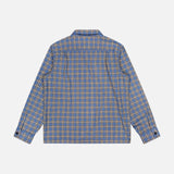 Back view of the Ralph Lauren RRL Matlock Cotton Long Sleeve Shirt, a heavyweight cotton twill button-up featuring a blue, yellow, and white plaid pattern, displayed on a plain white background.