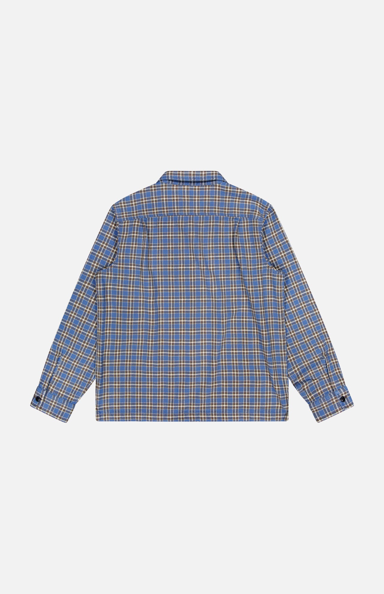 Back view of the Ralph Lauren RRL Matlock Cotton Long Sleeve Shirt, a heavyweight cotton twill button-up featuring a blue, yellow, and white plaid pattern, displayed on a plain white background.