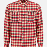 The Matlock Plaid Cotton Sport Shirt by RALPH LAUREN RRL is a long-sleeve, button-up cotton twill shirt featuring a red, beige, and black plaid pattern and two chest pockets, shown against a plain white background.