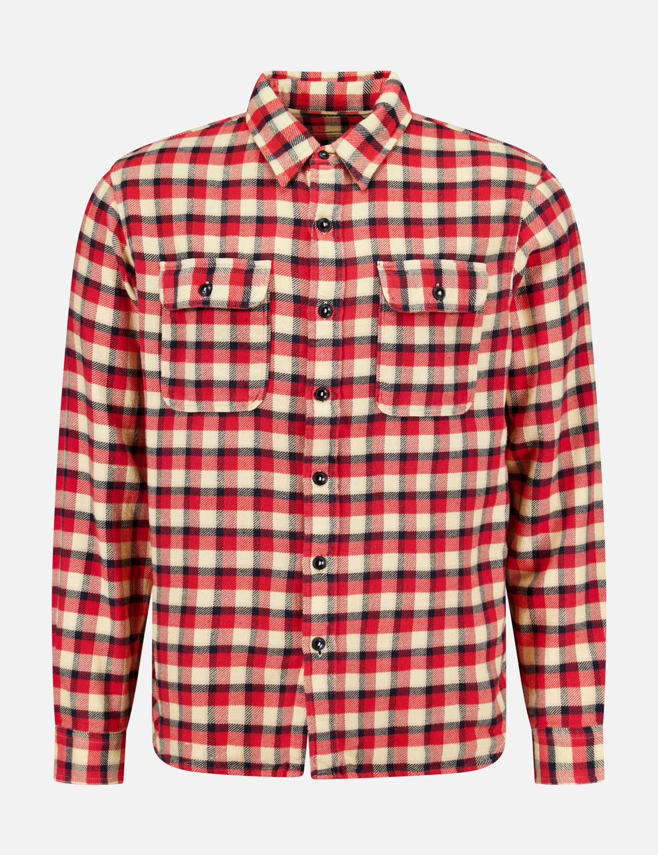 The Matlock Plaid Cotton Sport Shirt by RALPH LAUREN RRL is a long-sleeve, button-up cotton twill shirt featuring a red, beige, and black plaid pattern and two chest pockets, shown against a plain white background.