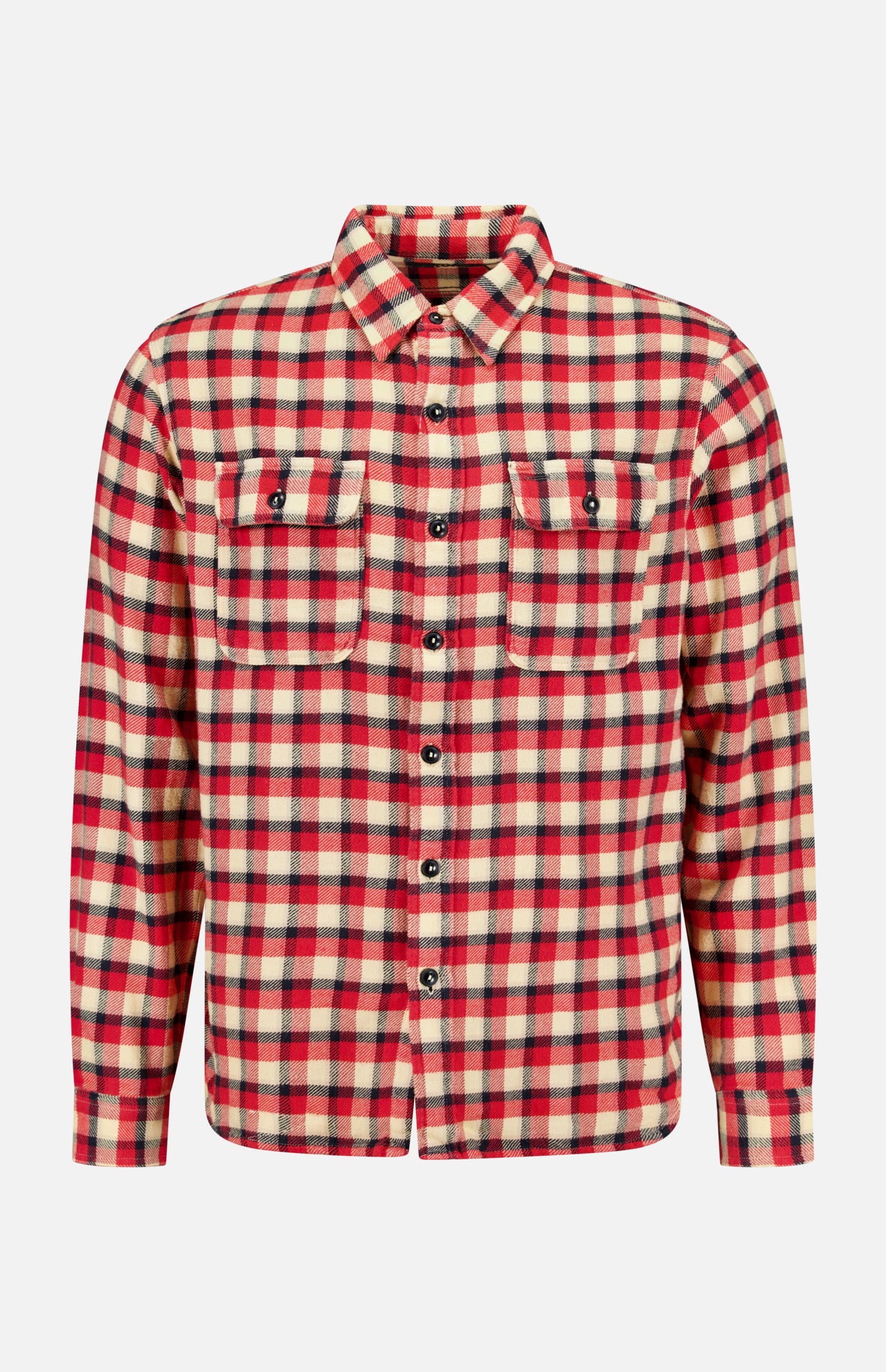 The Matlock Plaid Cotton Sport Shirt by RALPH LAUREN RRL is a long-sleeve, button-up cotton twill shirt featuring a red, beige, and black plaid pattern and two chest pockets, shown against a plain white background.
