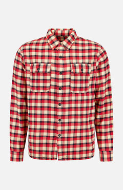 The Matlock Plaid Cotton Sport Shirt by RALPH LAUREN RRL is a long-sleeve, button-up cotton twill shirt featuring a red, beige, and black plaid pattern and two chest pockets, shown against a plain white background.