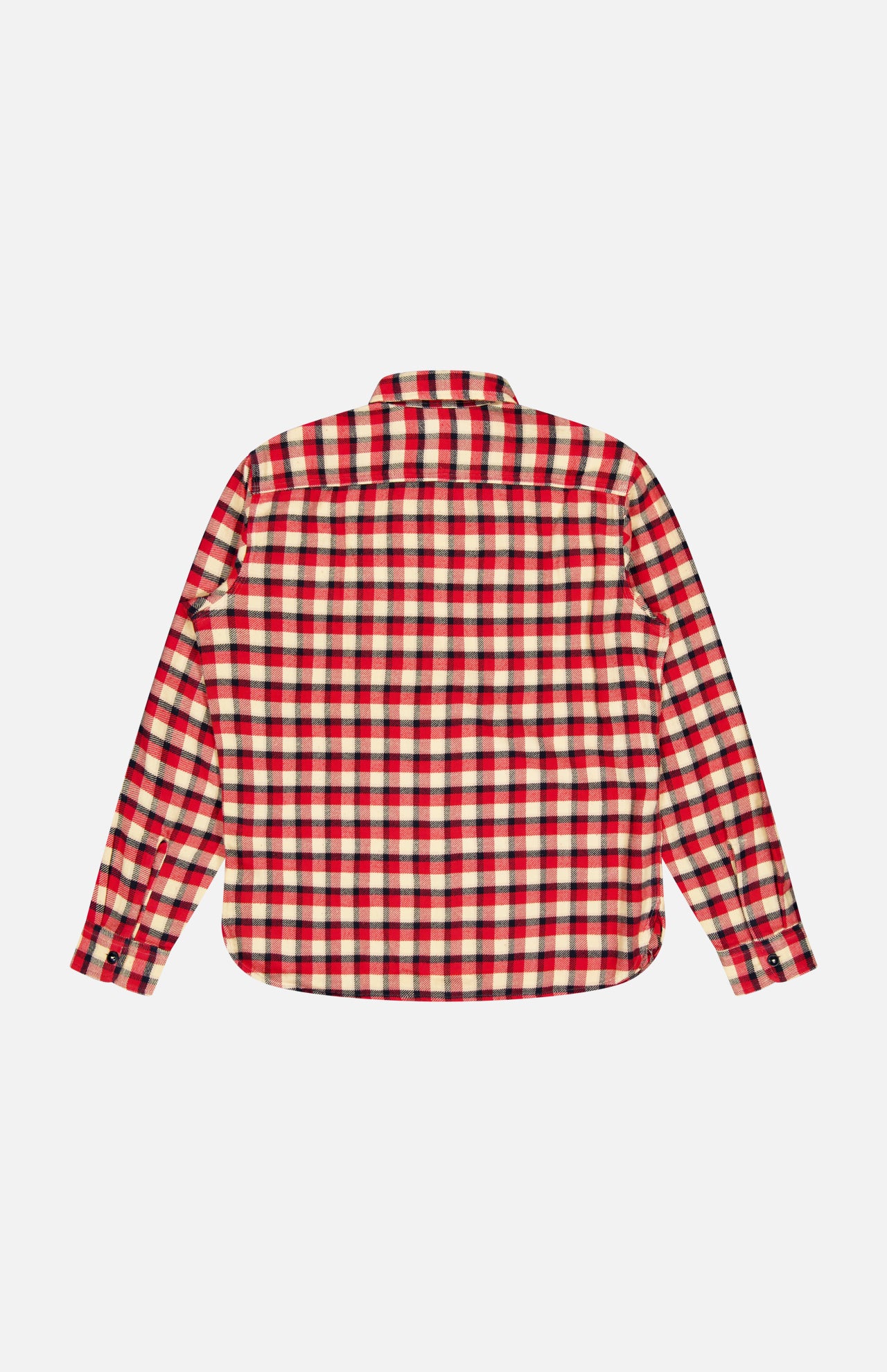 The Matlock Plaid Cotton Sport Shirt by RALPH LAUREN RRL is displayed from the back against a plain white background. This vintage-inspired workshirt features a classic red, white, and black plaid pattern and is crafted from durable cotton twill for timeless style and comfort.