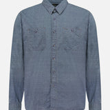 The Montgomery Cotton Sport Shirt by RALPH LAUREN RRL is a long-sleeve, button-up shirt featuring a blue checked pattern, two front chest pockets, and a classic workshirt fit, shown against a plain white background.