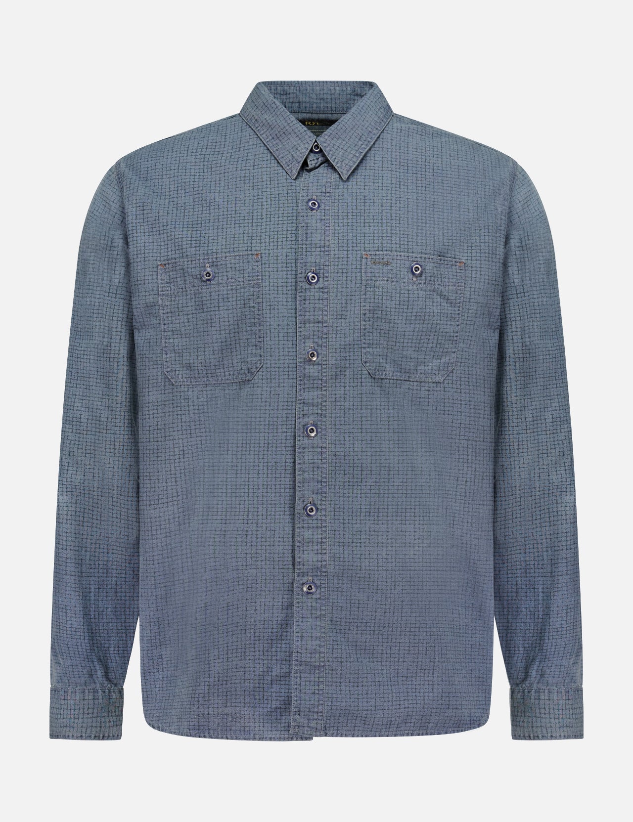 The Montgomery Cotton Sport Shirt by RALPH LAUREN RRL is a long-sleeve, button-up shirt featuring a blue checked pattern, two front chest pockets, and a classic workshirt fit, shown against a plain white background.