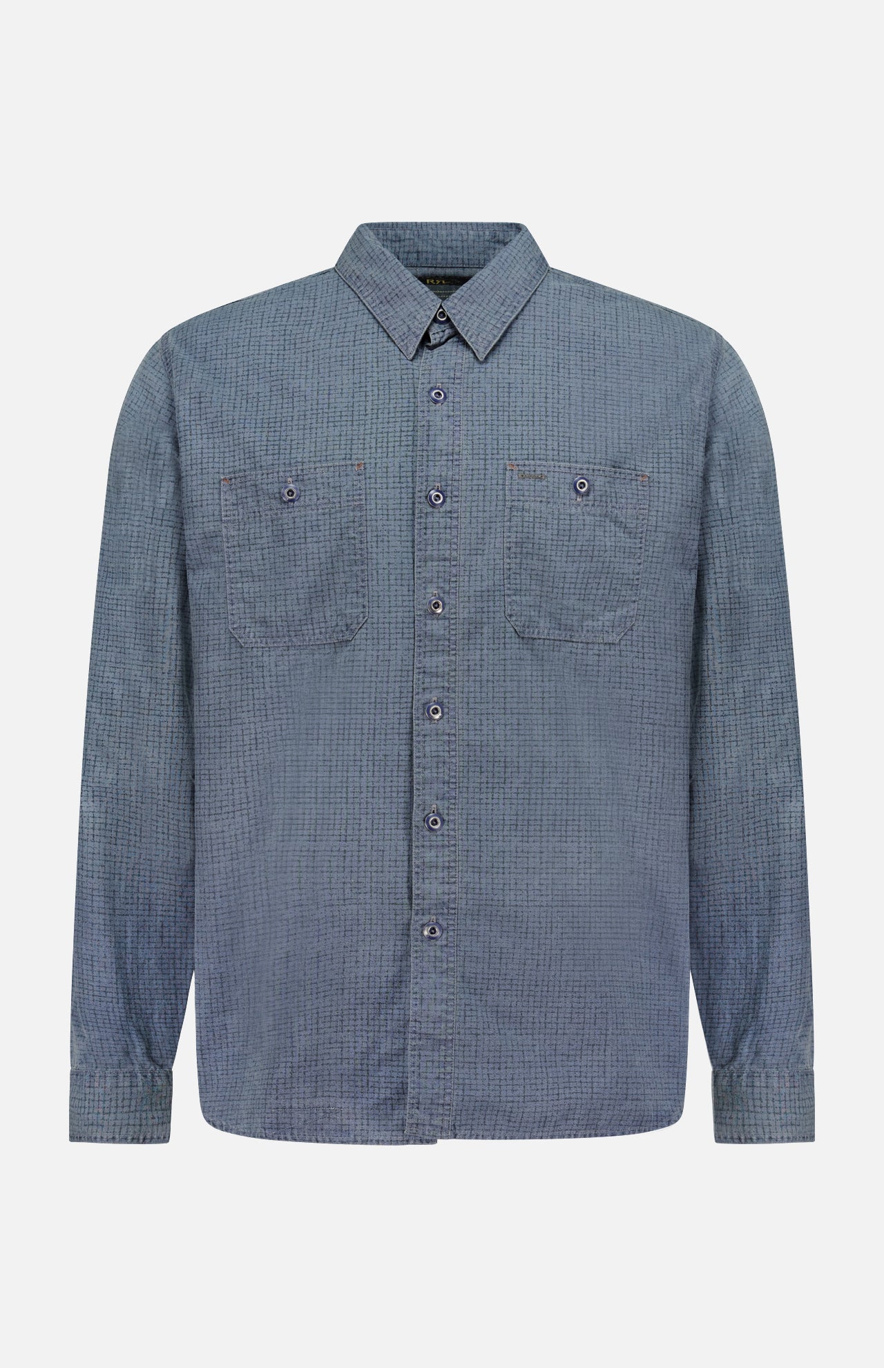 The Montgomery Cotton Sport Shirt by RALPH LAUREN RRL is a long-sleeve, button-up shirt featuring a blue checked pattern, two front chest pockets, and a classic workshirt fit, shown against a plain white background.