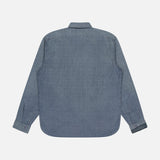A Montgomery Cotton Sport Shirt by RALPH LAUREN RRL in blue is shown laid flat, back side up, on a plain white background. The long-sleeve shirt features a straight yoke with no visible patterns, pockets, or embellishments.