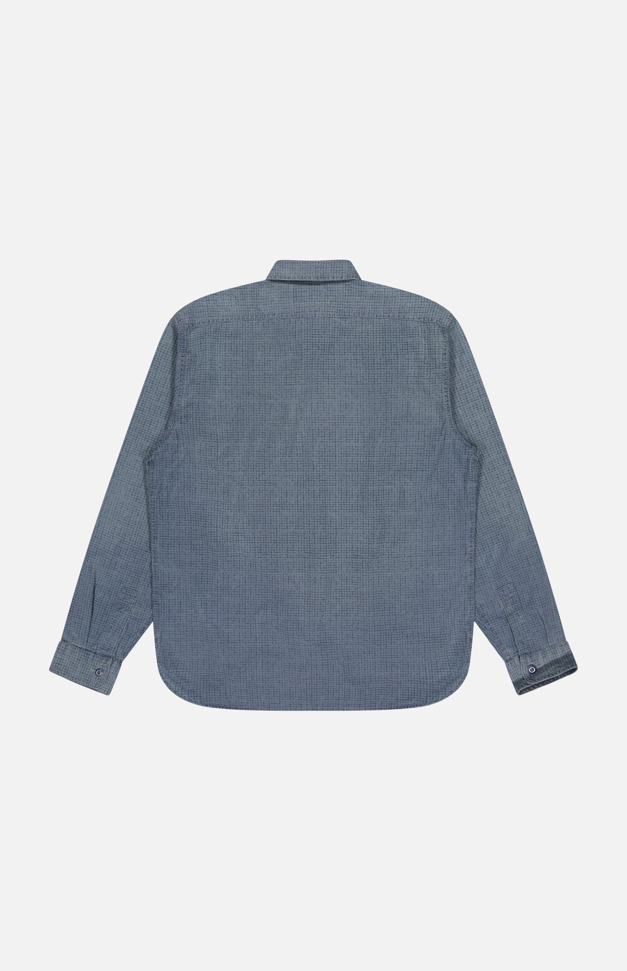 A Montgomery Cotton Sport Shirt by RALPH LAUREN RRL in blue is shown laid flat, back side up, on a plain white background. The long-sleeve shirt features a straight yoke with no visible patterns, pockets, or embellishments.