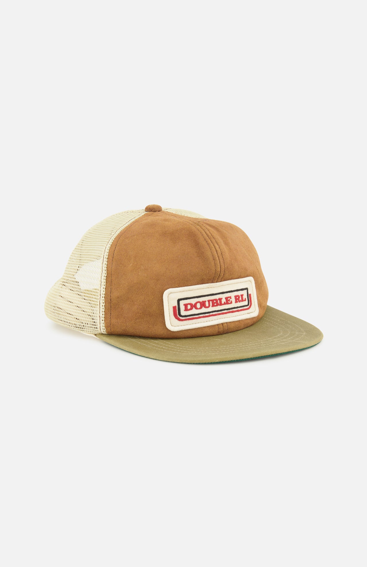 The Roughout Suede Trucker Cap by RALPH LAUREN RRL features a tan and olive color scheme with a rectangular patch on the front displaying “DOUBLE RL” in red and black lettering. This cap includes a curved green waxed canvas bill, an adjustable back strap, and a beige mesh back.