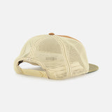 The RALPH LAUREN RRL Roughout Suede Trucker Cap is shown from the back, highlighting its beige mesh-back design, adjustable snap closure, green waxed canvas bill, and brown top button.