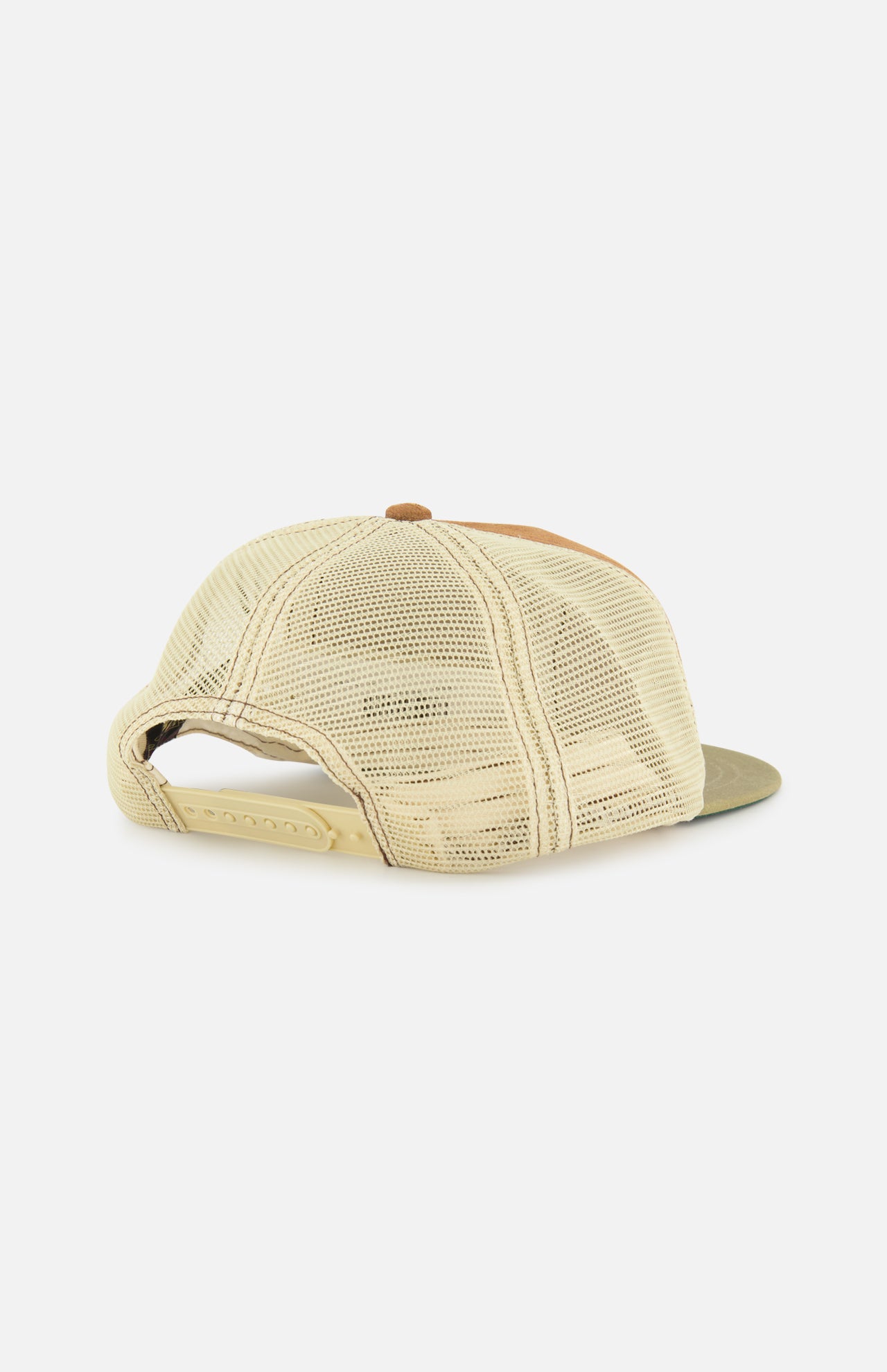 The RALPH LAUREN RRL Roughout Suede Trucker Cap is shown from the back, highlighting its beige mesh-back design, adjustable snap closure, green waxed canvas bill, and brown top button.