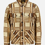Ralph Lauren RRL Ruddic Cruiser Jacquard Sport Shirt in a beige and brown plaid pattern, featuring four front pockets, a collar, and a button-down front.