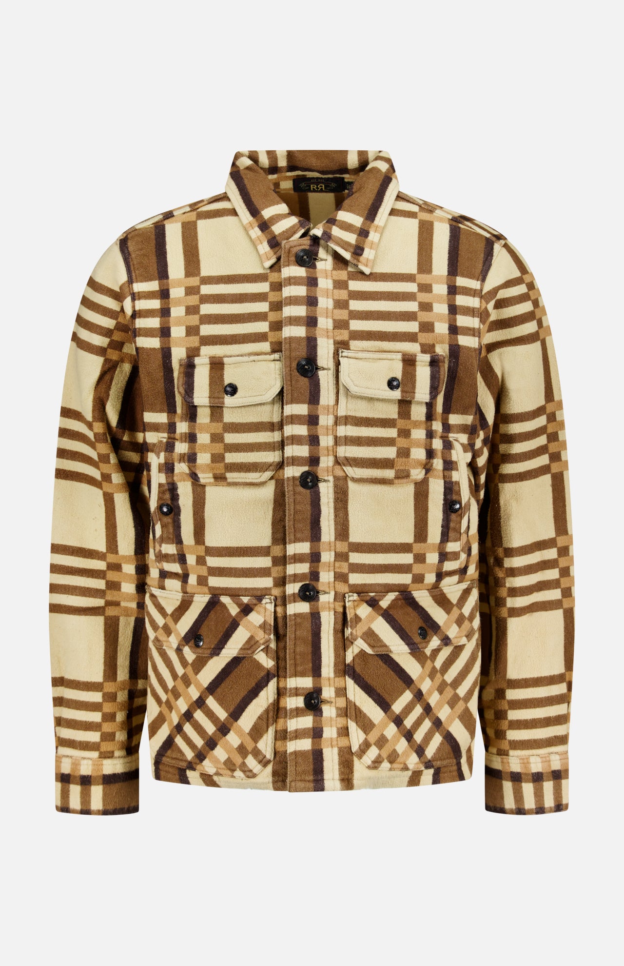 Ralph Lauren RRL Ruddic Cruiser Jacquard Sport Shirt in a beige and brown plaid pattern, featuring four front pockets, a collar, and a button-down front.