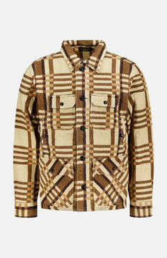 Ralph Lauren RRL Ruddic Cruiser Jacquard Sport Shirt in a beige and brown plaid pattern, featuring four front pockets, a collar, and a button-down front.