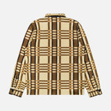 Back view of a brown plaid Ralph Lauren RRL Ruddic Cruiser Jacquard Sport Shirt, featuring a long-sleeve, button-down design in a tan, brown, and black pattern.