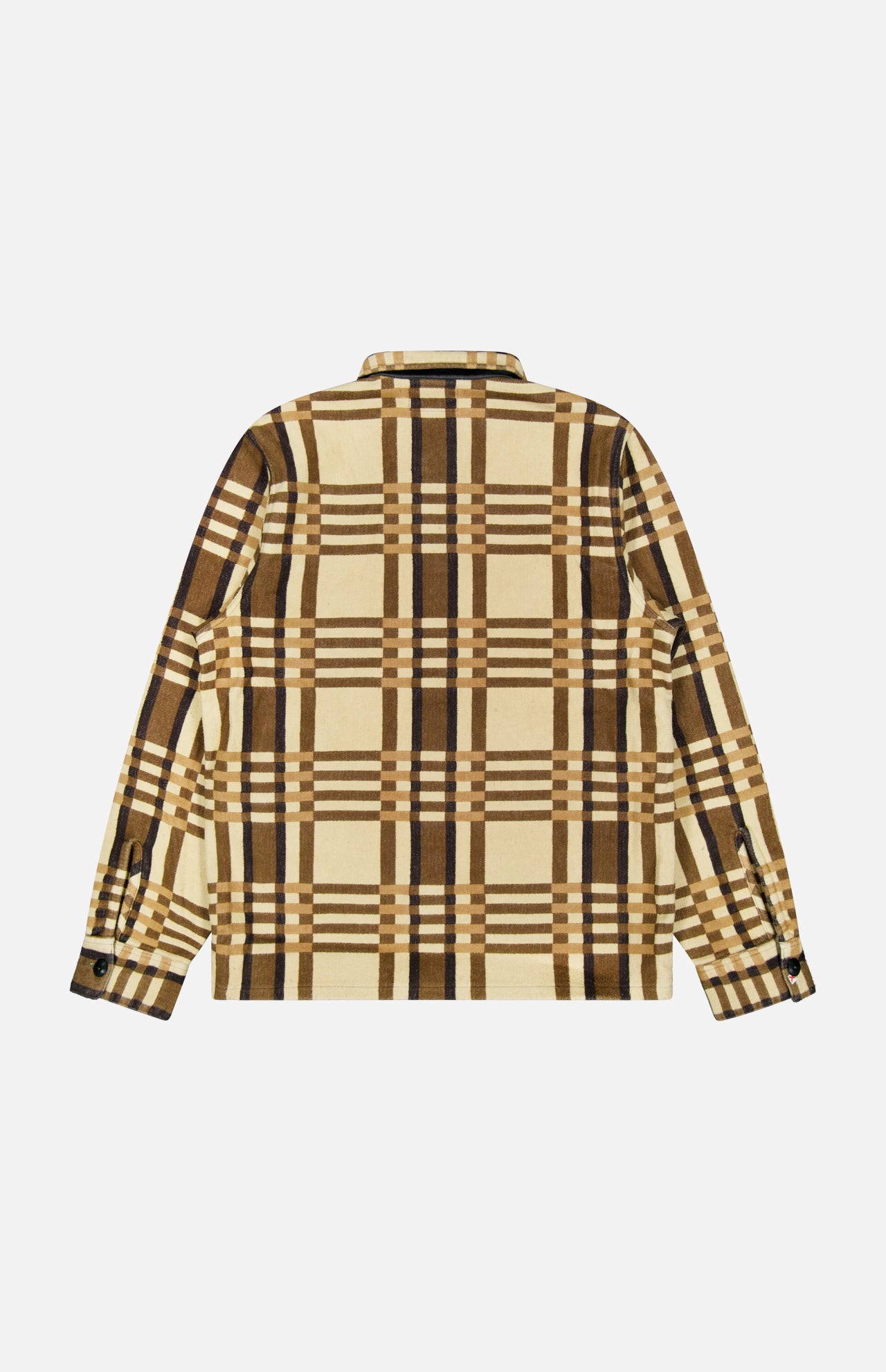 Back view of a brown plaid Ralph Lauren RRL Ruddic Cruiser Jacquard Sport Shirt, featuring a long-sleeve, button-down design in a tan, brown, and black pattern.