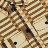 Ruddic Cruiser Jacquard Sport Shirt in tan and brown plaid cotton, featuring two buttoned chest pockets and dark buttons.