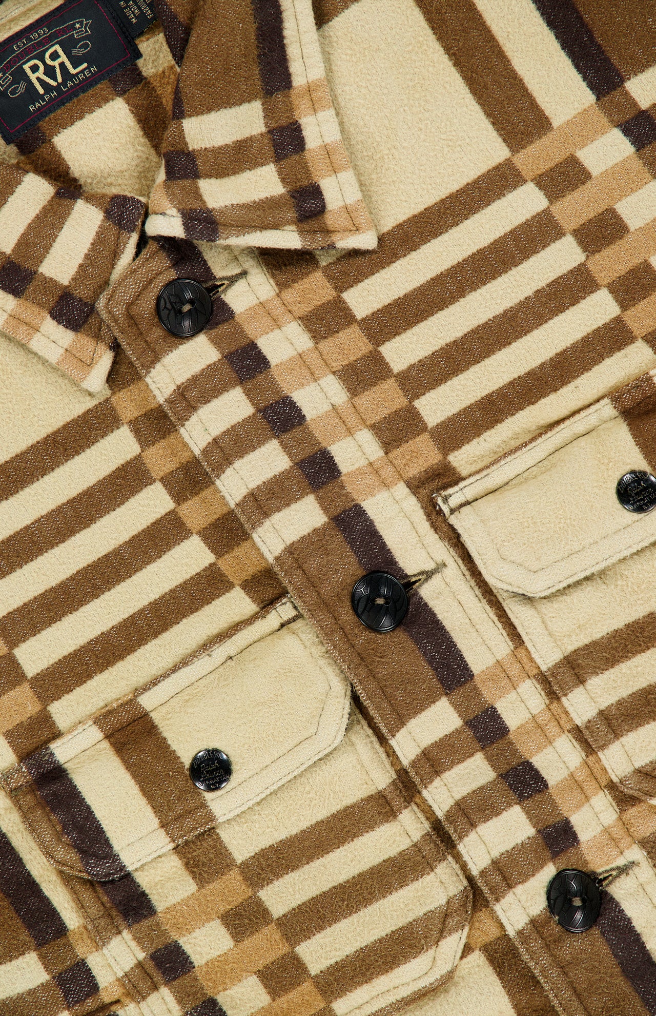 Ruddic Cruiser Jacquard Sport Shirt in tan and brown plaid cotton, featuring two buttoned chest pockets and dark buttons.
