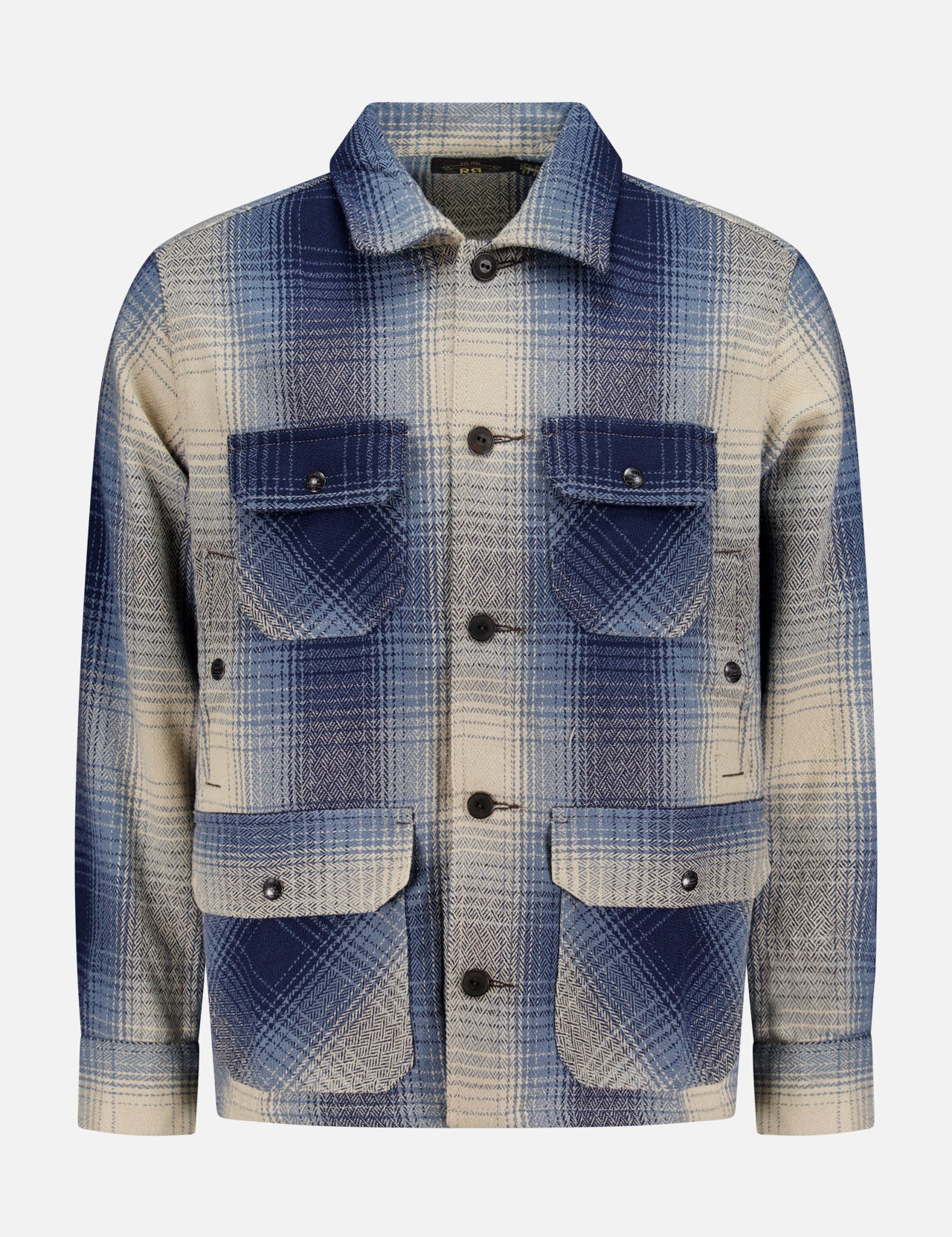 The RALPH LAUREN RRL Ruddic Wool Blend Sport Shirt, shown against a plain white background, features a blue and beige shadow-plaid pattern in wool, a button-down front, two chest flap pockets, and two lower flap pockets.