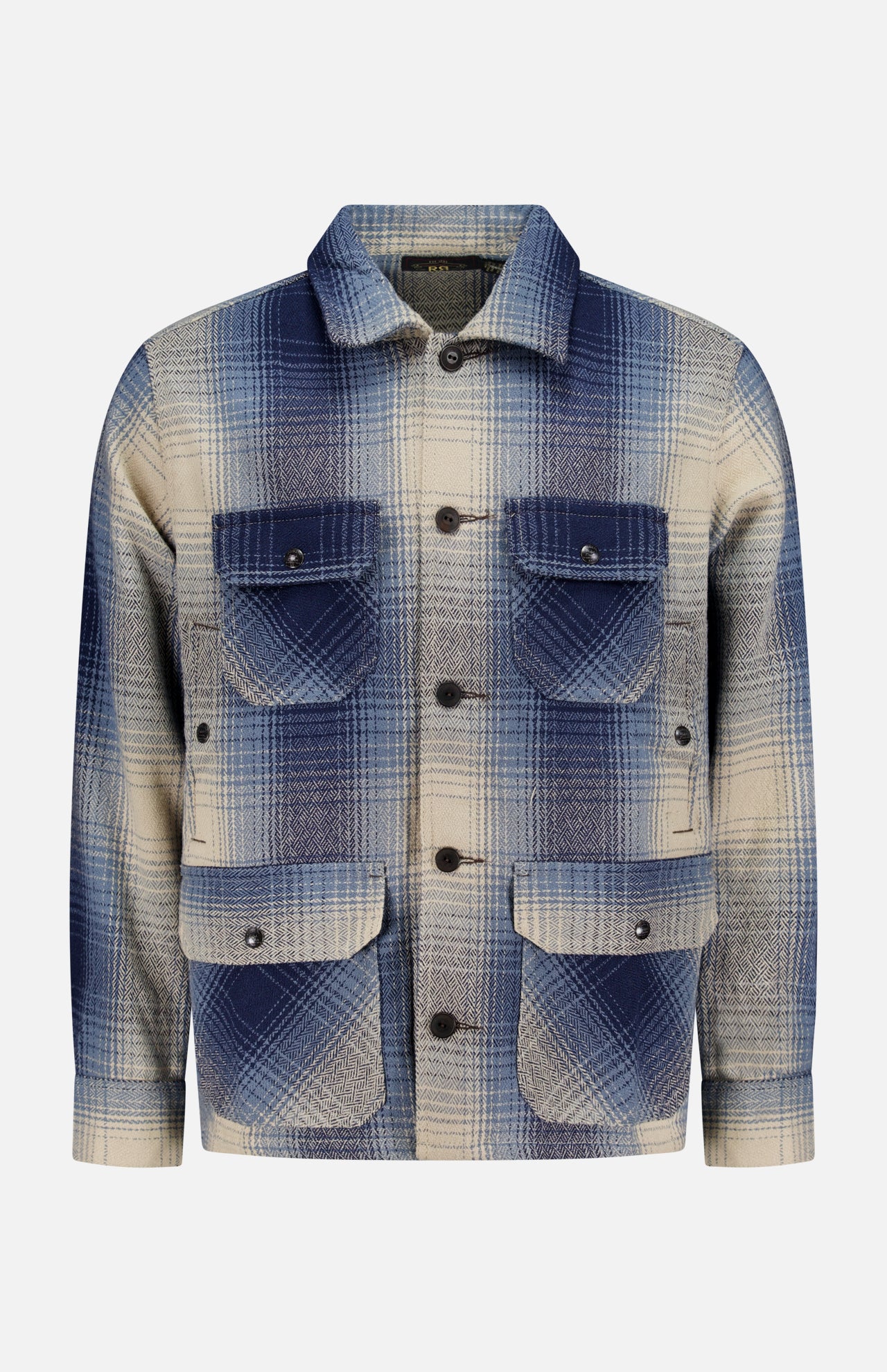 The RALPH LAUREN RRL Ruddic Wool Blend Sport Shirt, shown against a plain white background, features a blue and beige shadow-plaid pattern in wool, a button-down front, two chest flap pockets, and two lower flap pockets.