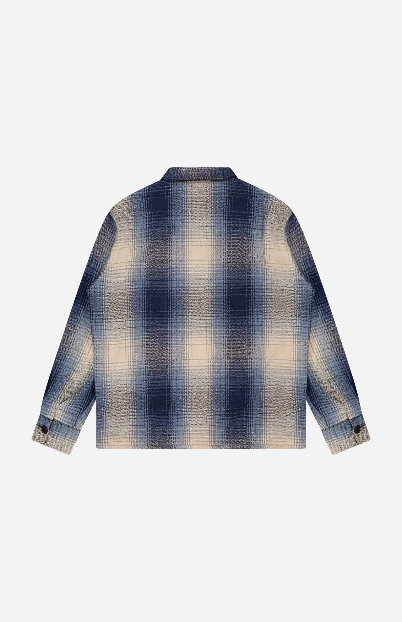 The RALPH LAUREN RRL Ruddic Wool Blend Sport Shirt is a vintage-inspired overshirt, showcased from the back against a plain white background. Featuring shadow-plaid in blue, white, and beige tones, this long-sleeve shirt boasts a classic collar and buttoned cuffs for timeless style.