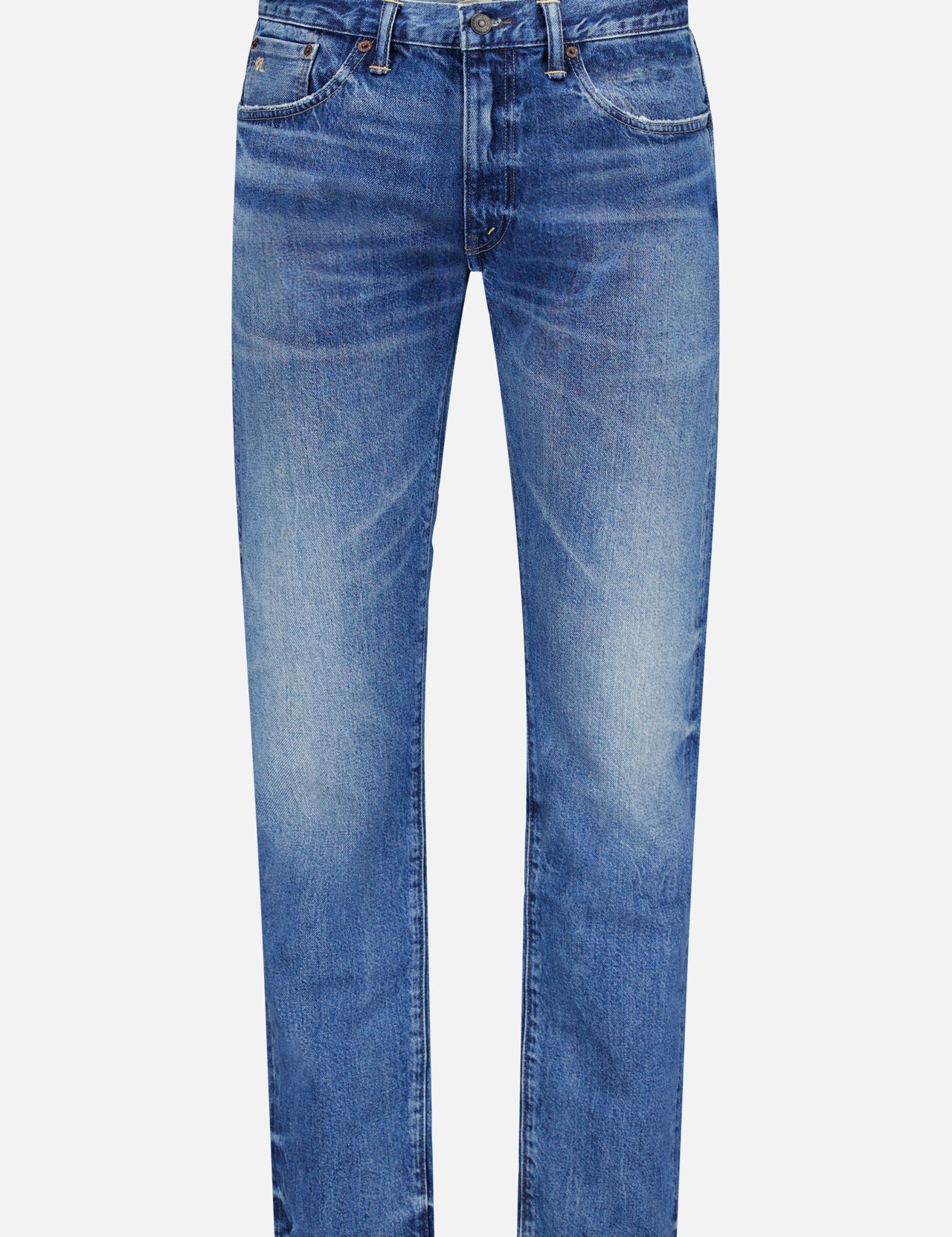 The RALPH LAUREN RRL Slim Fit Cotton Denim Jean in Daws Wash features a classic five-pocket style, subtle front and thigh fading, and is shown in blue indigo denim against a plain white background.