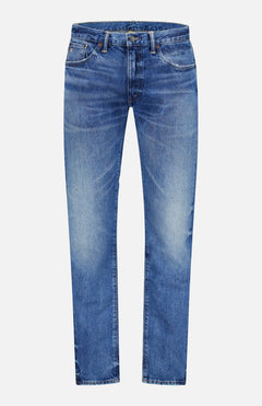 The RALPH LAUREN RRL Slim Fit Cotton Denim Jean in Daws Wash features a classic five-pocket style, subtle front and thigh fading, and is shown in blue indigo denim against a plain white background.