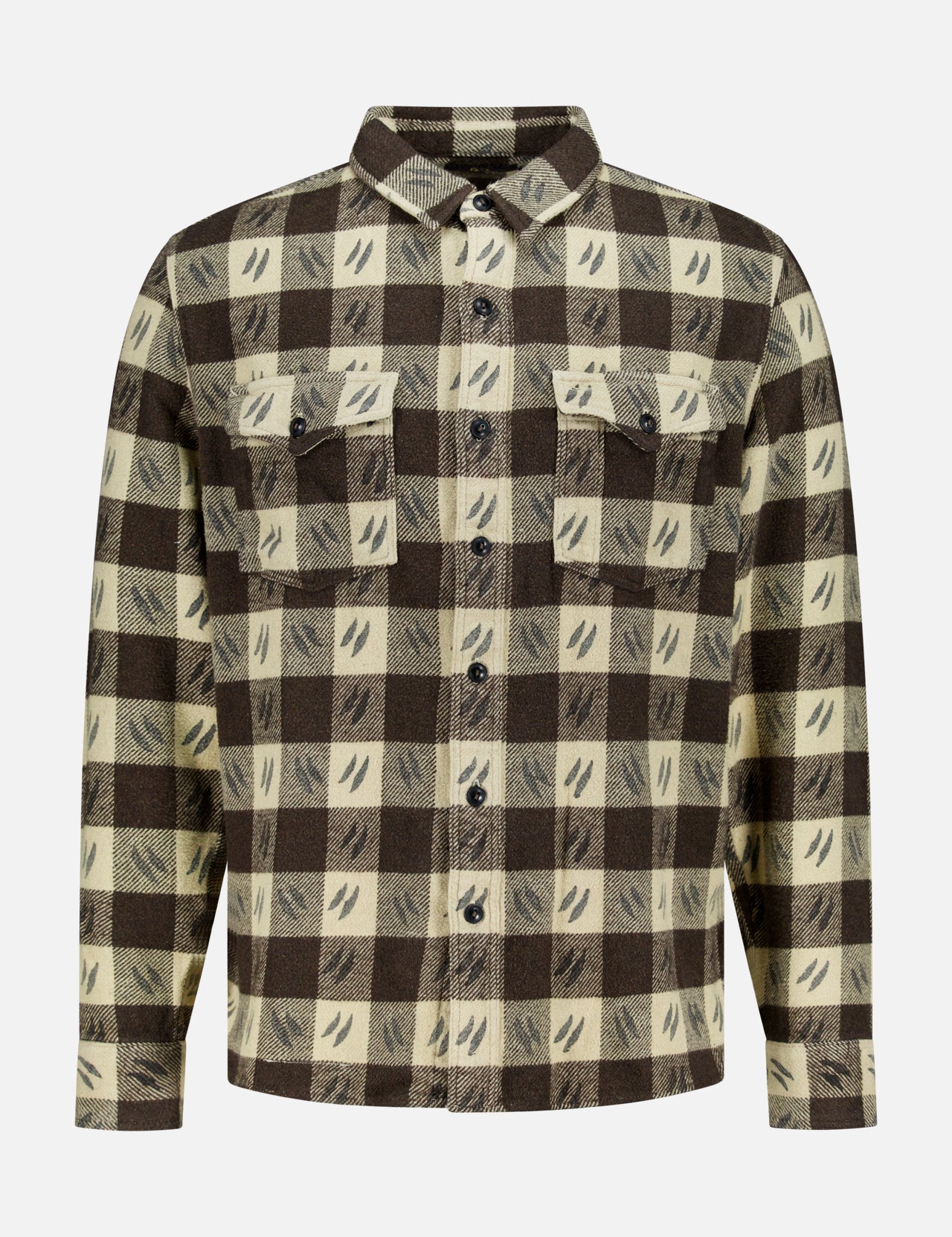 The Spade Wool Long Sleeve Sportshirt by RALPH LAUREN RRL features a brown and beige plaid, soft wool fabric, two button-flap chest pockets, and a collared neckline.