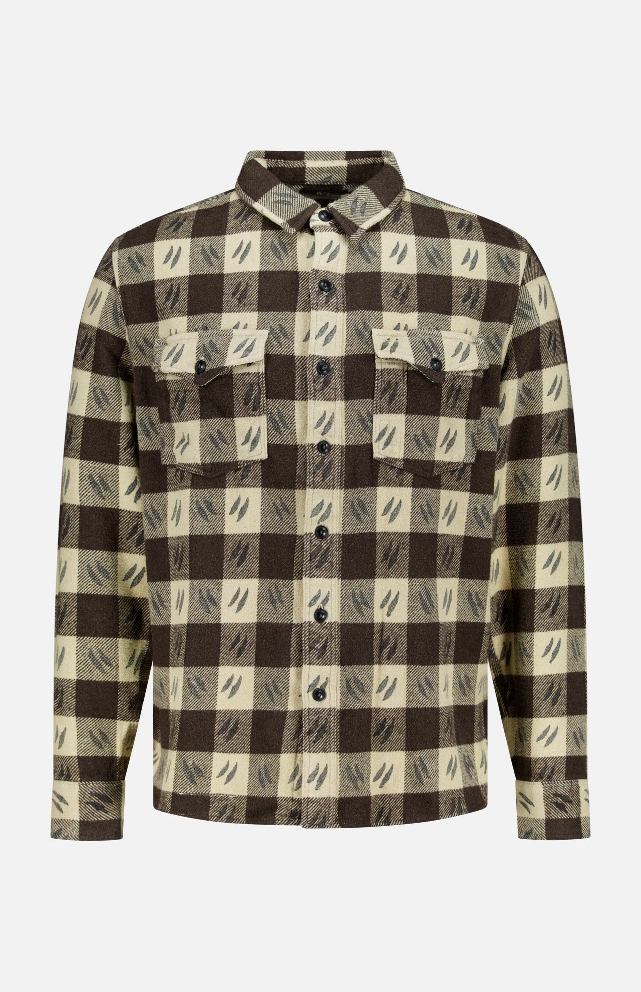 The Spade Wool Long Sleeve Sportshirt by RALPH LAUREN RRL features a brown and beige plaid, soft wool fabric, two button-flap chest pockets, and a collared neckline.