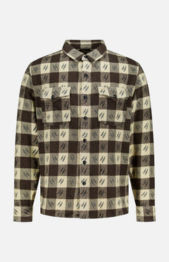 The Spade Wool Long Sleeve Sportshirt by RALPH LAUREN RRL features a brown and beige plaid, soft wool fabric, two button-flap chest pockets, and a collared neckline.