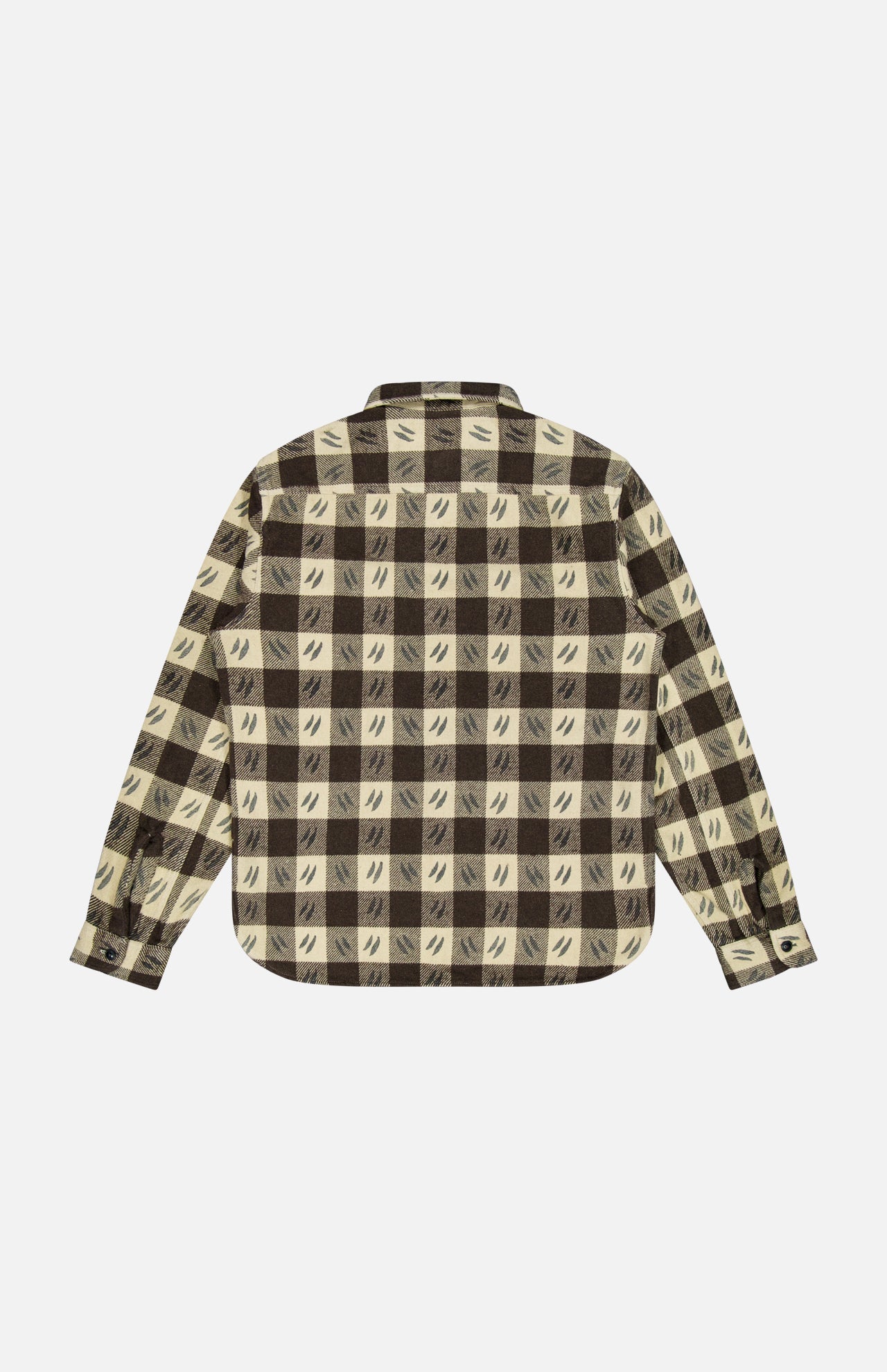 The Spade Wool Long Sleeve Sportshirt by RALPH LAUREN RRL features a beige and brown plaid pattern in soft brushed cotton twill, with subtle diagonal line details on some squares, shown from the back.