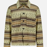 The Sportman Cotton Sport Shirt by RALPH LAUREN RRL is a striped button-up overshirt in green, brown, and beige with a leaf pattern, two chest flap pockets, long sleeves, and warm brushed cotton twill.
