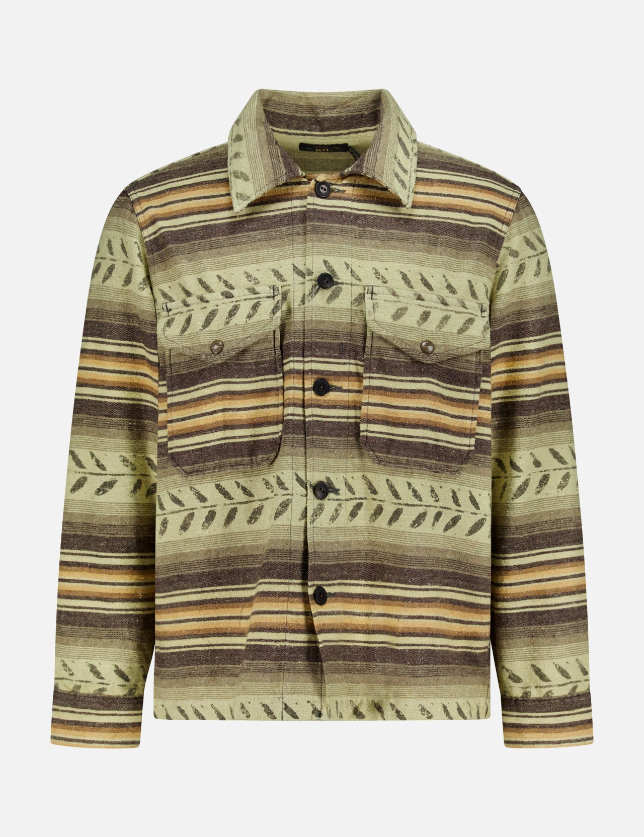 The Sportman Cotton Sport Shirt by RALPH LAUREN RRL is a striped button-up overshirt in green, brown, and beige with a leaf pattern, two chest flap pockets, long sleeves, and warm brushed cotton twill.