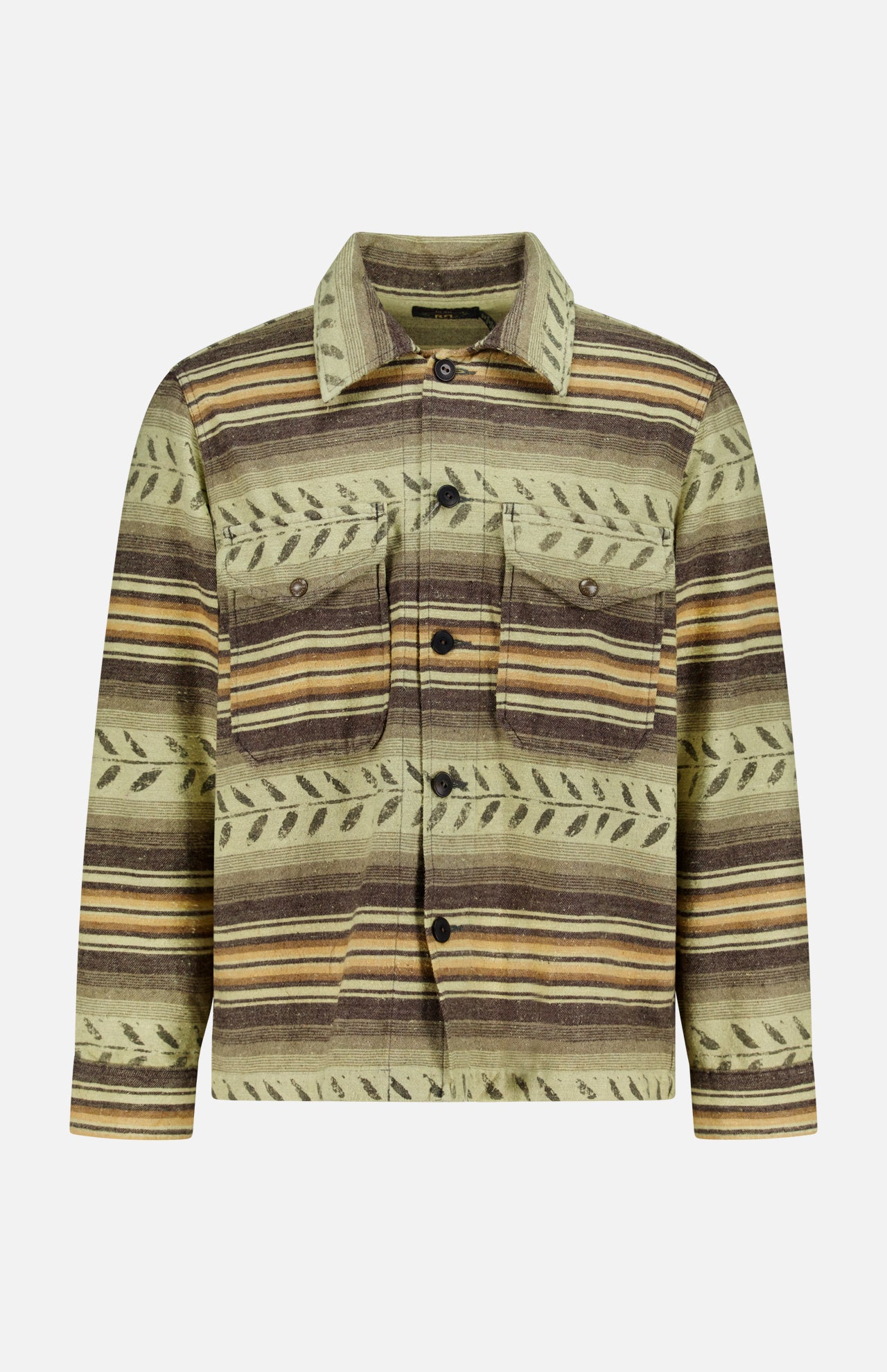 The Sportman Cotton Sport Shirt by RALPH LAUREN RRL is a striped button-up overshirt in green, brown, and beige with a leaf pattern, two chest flap pockets, long sleeves, and warm brushed cotton twill.