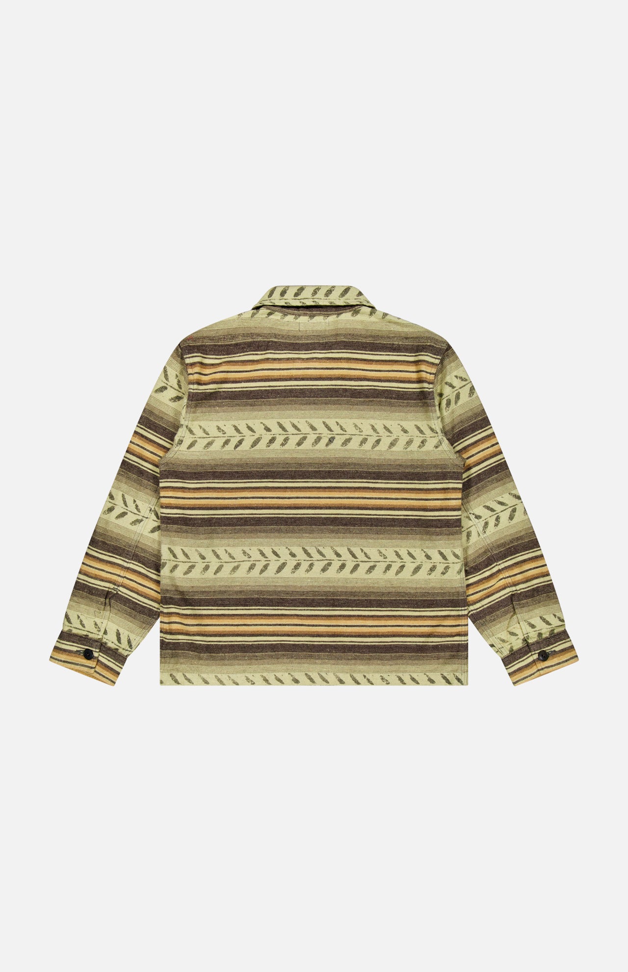 The Sportman Cotton Sport Shirt by RALPH LAUREN RRL is a long-sleeve, leaf-patterned overshirt in tan, brown, and olive green brushed cotton twill, shown flat with the back up on a white background.