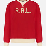 The RALPH LAUREN RRL Terry Cotton Graphic Crewneck Sweatshirt is a red pullover featuring a cream-colored crew neck, cuffs, and hem, with the iconic RRL logo in cream across the chest.