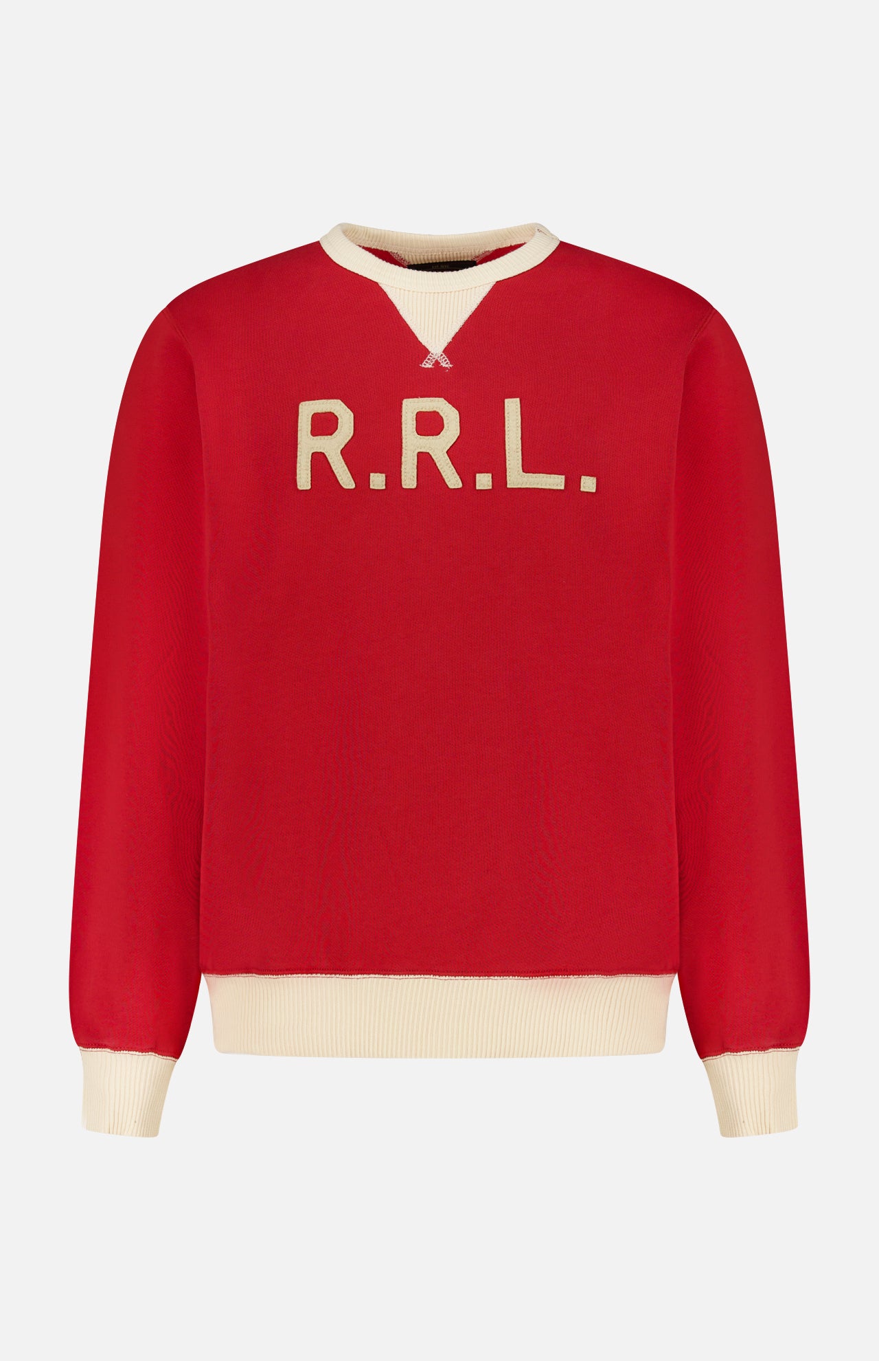 The RALPH LAUREN RRL Terry Cotton Graphic Crewneck Sweatshirt is a red pullover featuring a cream-colored crew neck, cuffs, and hem, with the iconic RRL logo in cream across the chest.