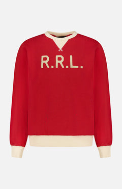 The RALPH LAUREN RRL Terry Cotton Graphic Crewneck Sweatshirt is a red pullover featuring a cream-colored crew neck, cuffs, and hem, with the iconic RRL logo in cream across the chest.