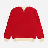 The RALPH LAUREN RRL Terry Cotton Graphic Crewneck Sweatshirt is pictured from the back against a plain white background. This sweatshirt features a red soft terry cotton pullover fabric, complemented by cream-colored ribbed cuffs, neckline, and waistband.