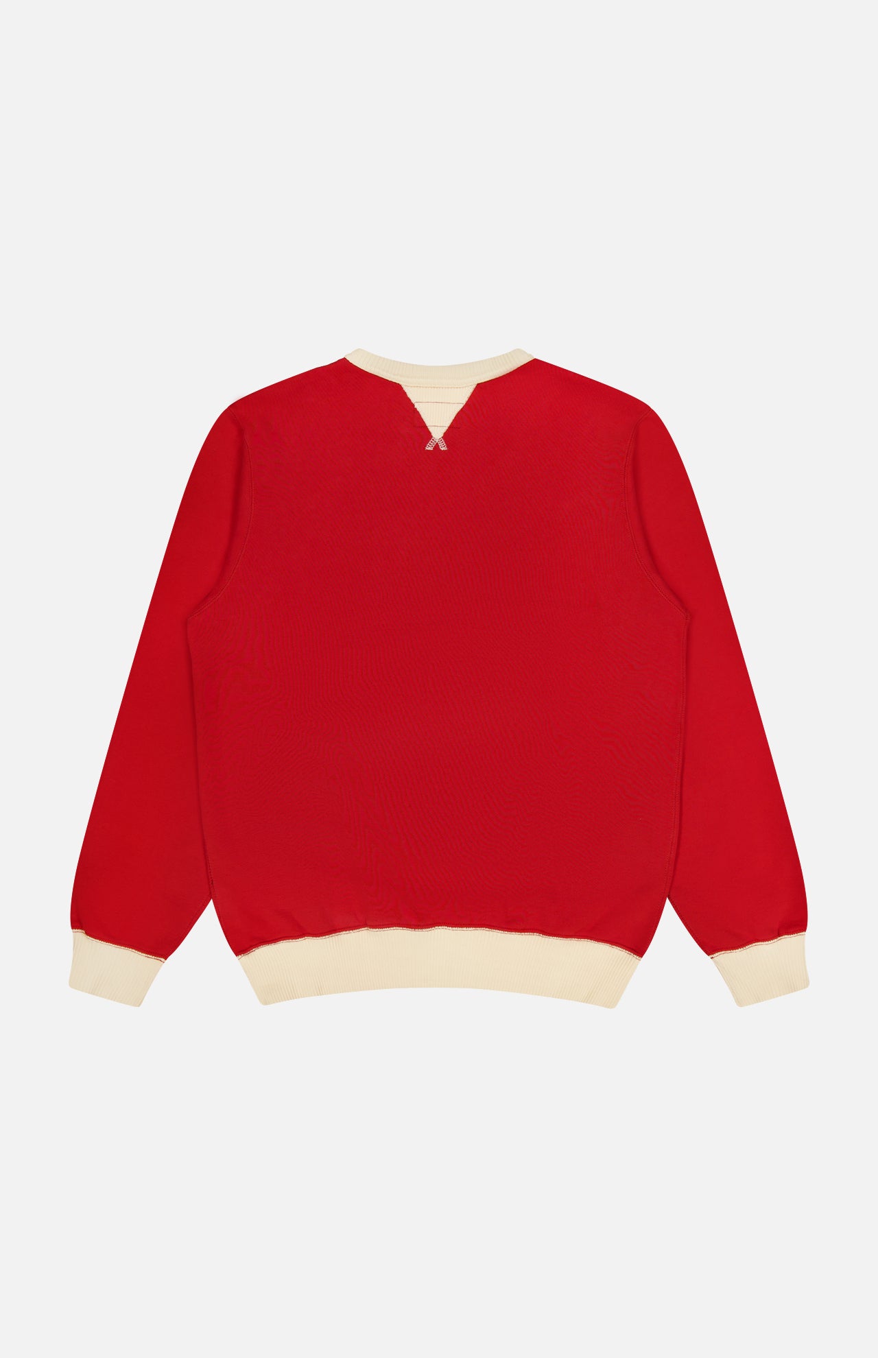 The RALPH LAUREN RRL Terry Cotton Graphic Crewneck Sweatshirt is pictured from the back against a plain white background. This sweatshirt features a red soft terry cotton pullover fabric, complemented by cream-colored ribbed cuffs, neckline, and waistband.
